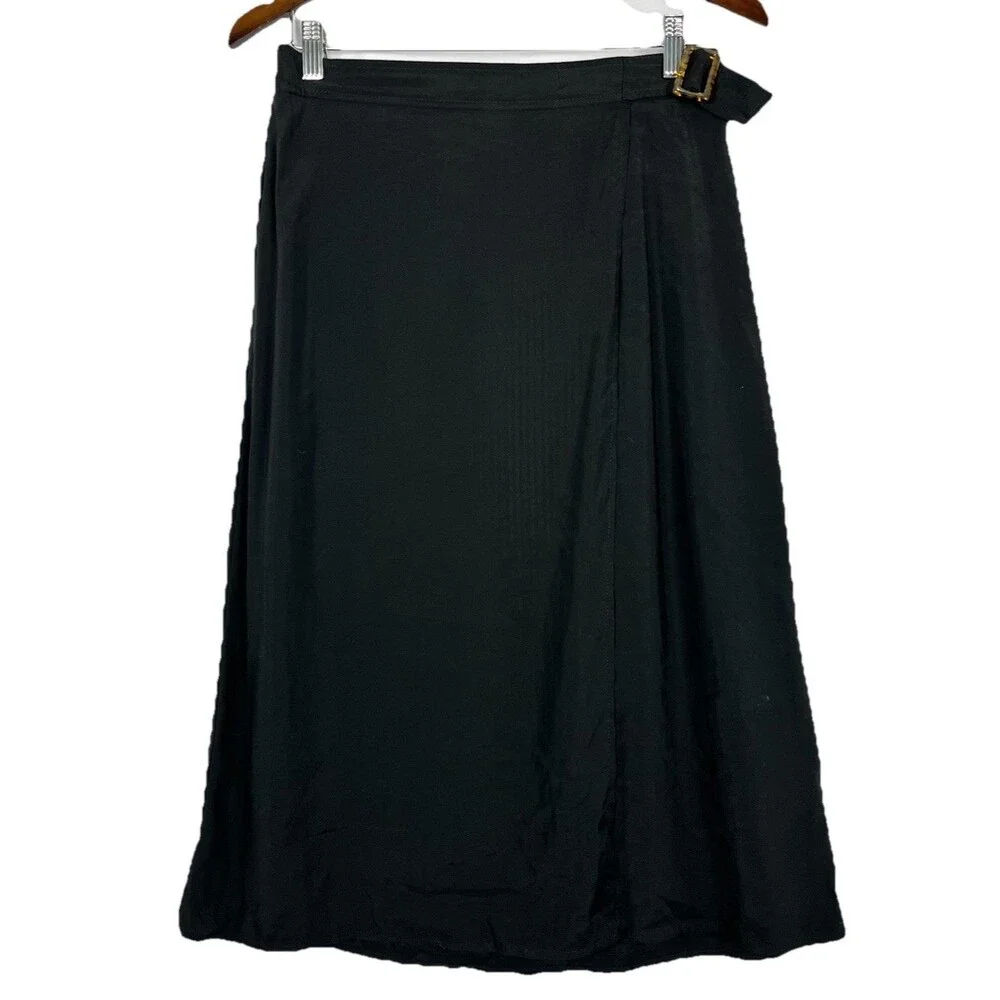 Max Studio Norstrom Women Black Wrap Skirt L Tortoiseshell Buckle Midi Rayon